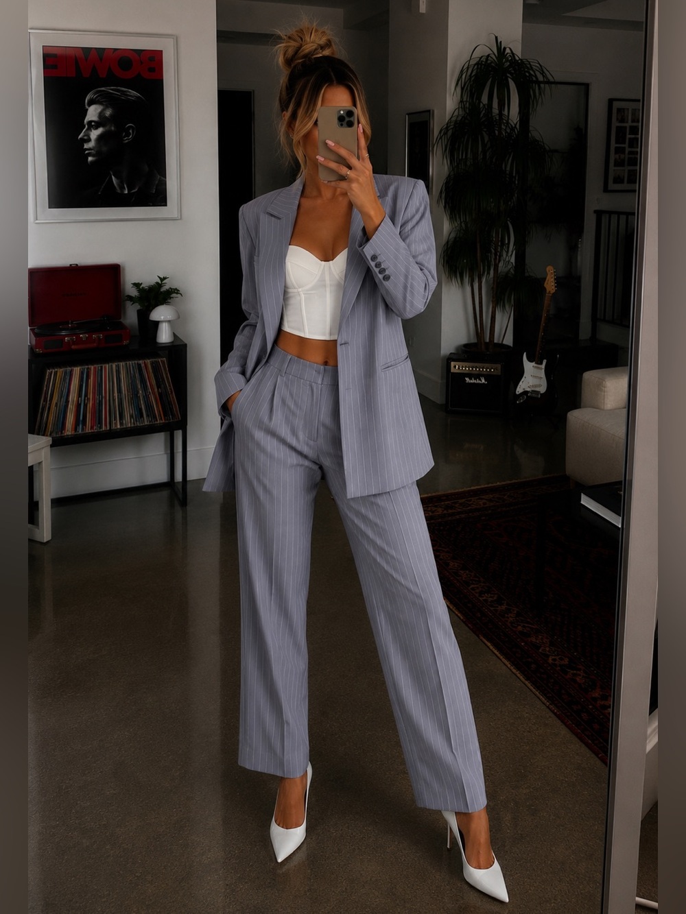 PrettyLittleThing Grey Pinstripe Oversized Blazer Trouser Set Womens 4 New NWT